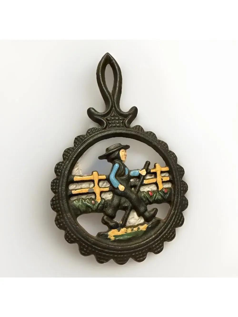 Vintage 1970’s Black Cast Iron Trivet Amish Boy Dutch 8’ Handle 3328-28